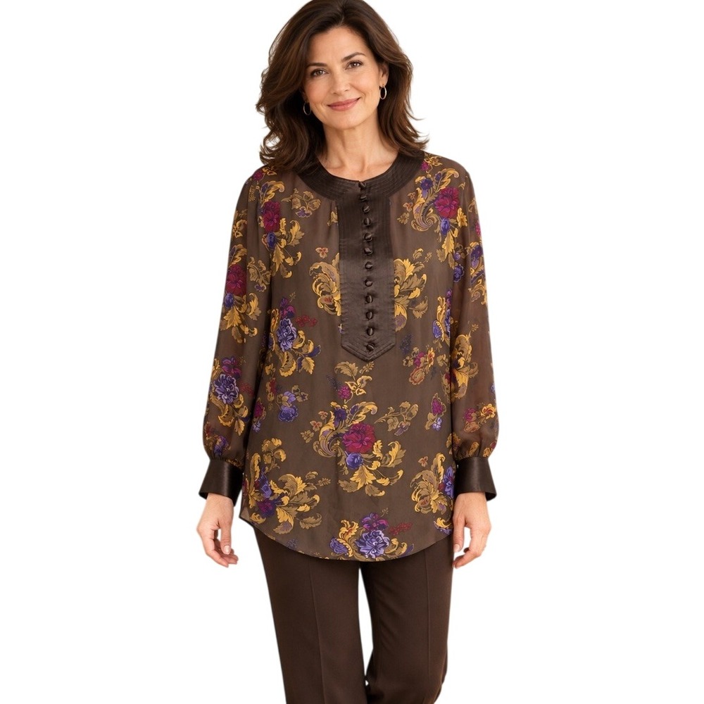 Vtg Linda Allard Ellen Tracy Silk Brown Purple Floral  Tunic Top Large